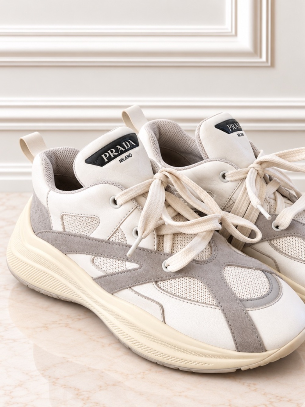 Prada Milano White & Grey Leather Suede Mesh Chunky Sneakers – EU 37.5